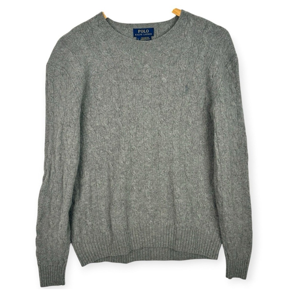 Polo Ralph Lauren Gray Cable Knit Wool Cashmere Crewneck Sweater Pony Womens L